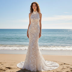 halter neck lace wedding dress