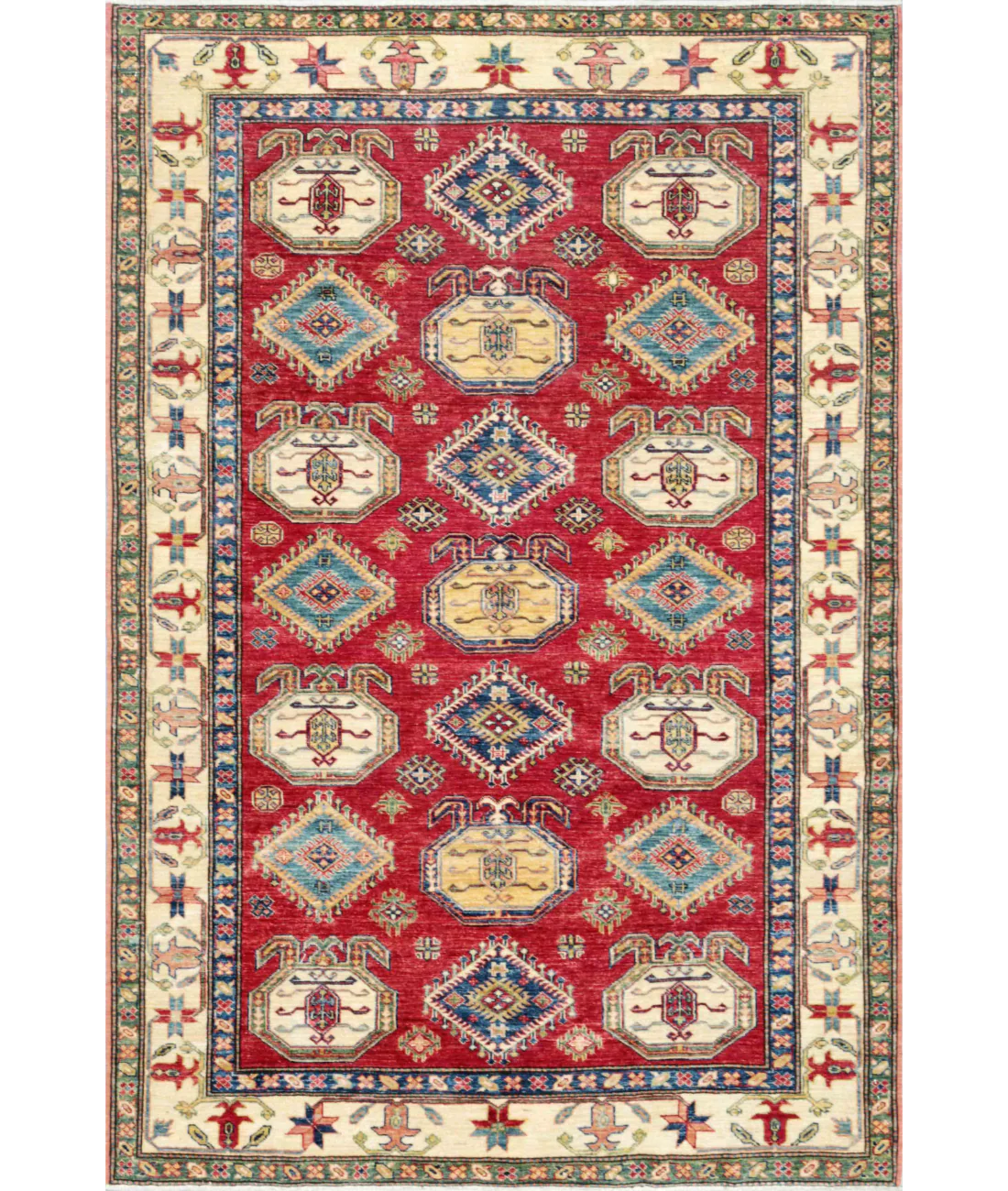 Hand Knotted Kazak Wool Rug 5' 5" X 7' 11" 5' 5" X 7' 11" (165 X 241) / Red / Ivory