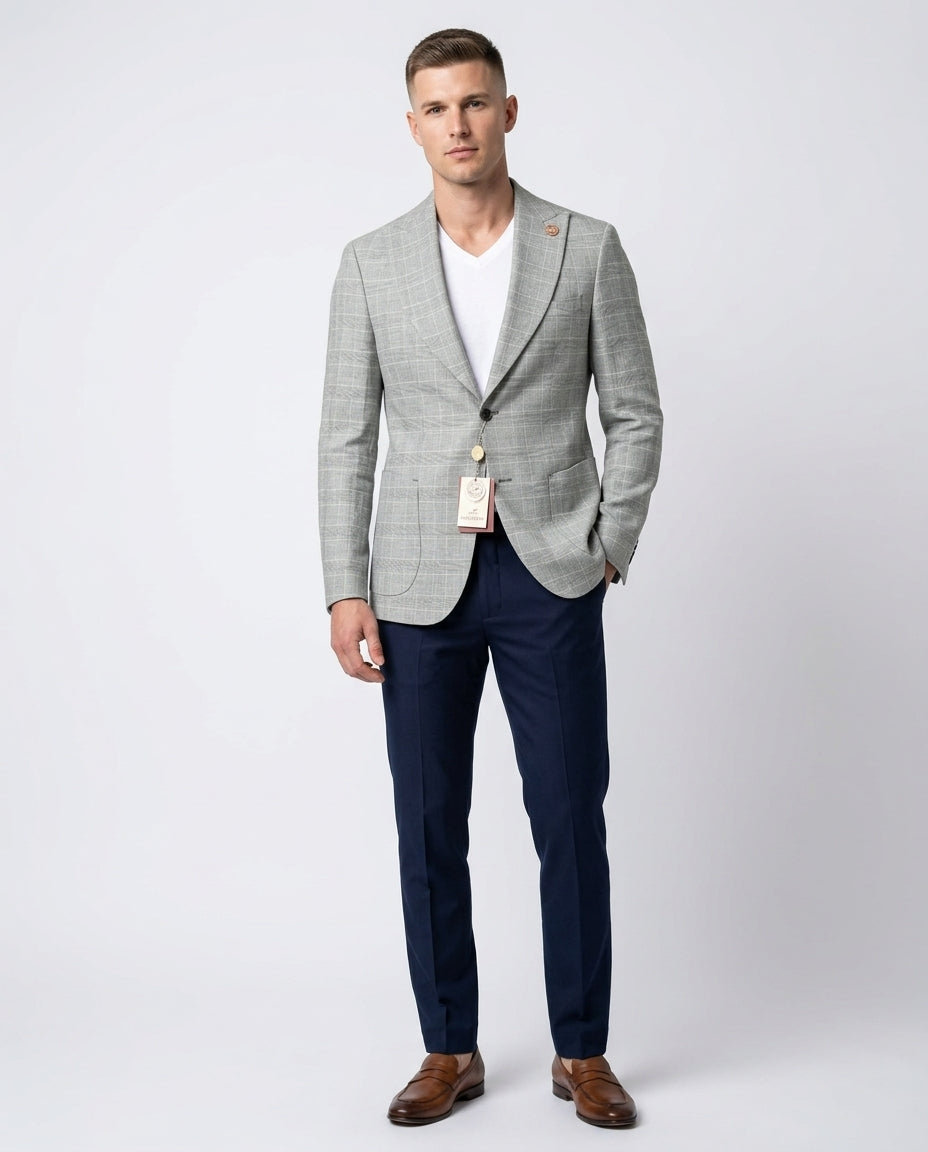 Romaster Mens Slim Fit Gray Plaid Linen Blend Blazer Sportcoat With Peak Lapels