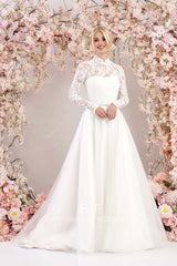 high neck lace traditional long wedding dress