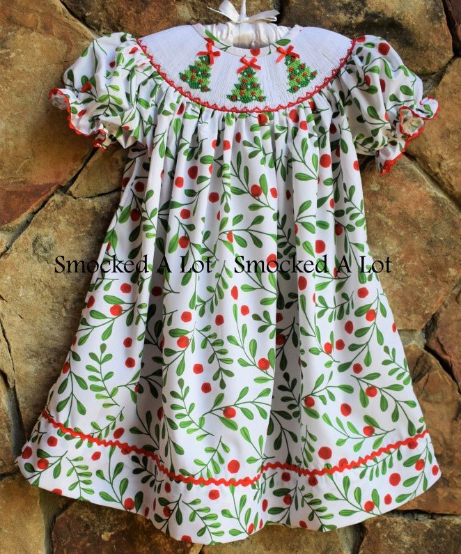 Holly Berry Smocked Christmas Tree Bishop Dress - Smocked A Lot, LLC