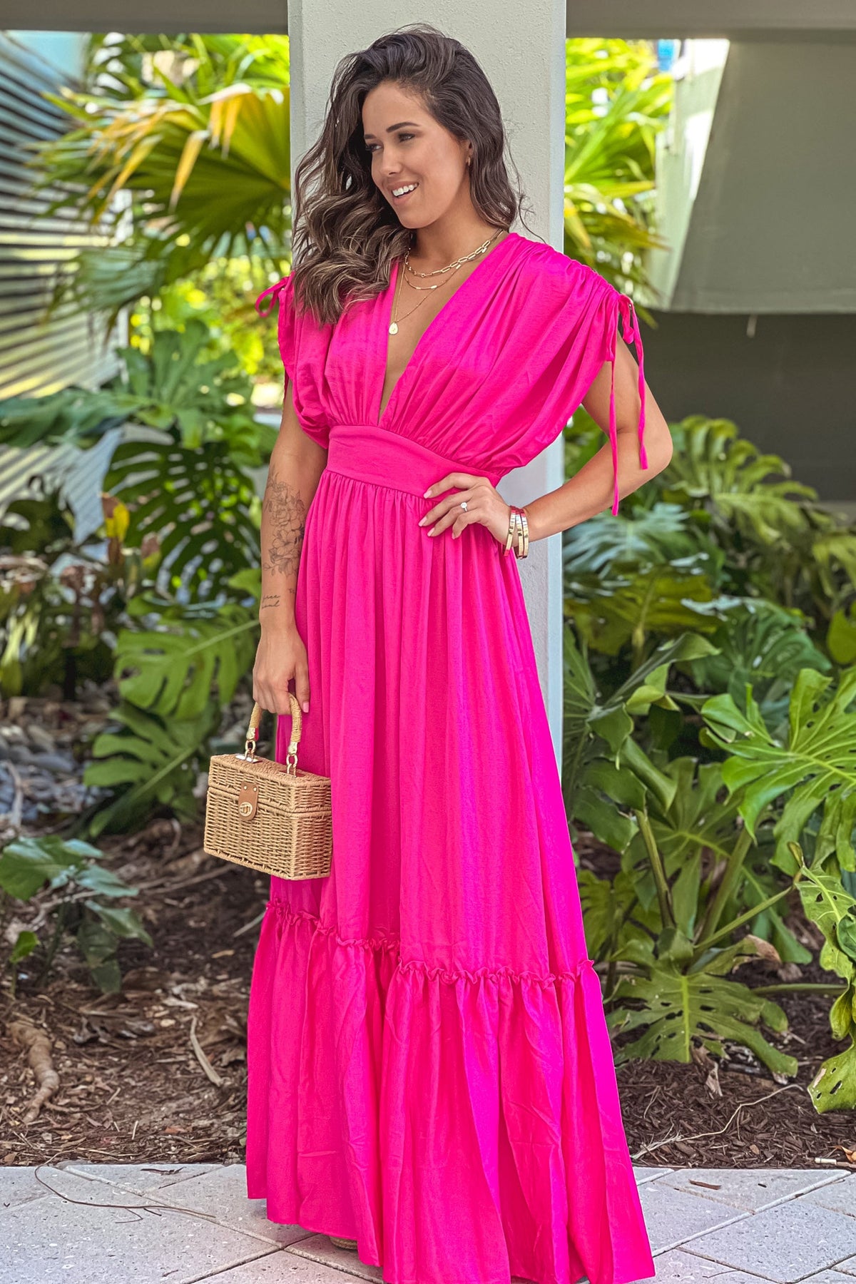 hot pink deep v-neck maxi dress