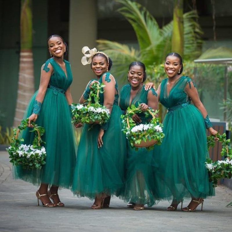 Hunter Green Lace Sleeves V-neck A-line Tulle Tea-length Bridesmaid Dresses, BD3074