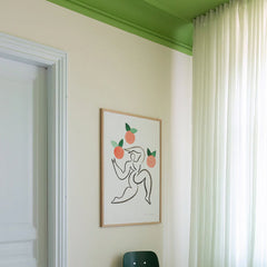 Junglør med Appelsiner Print - By Finders Keepers kunstplakat med enkel linjetegning og fargerike appelsiner på vegg