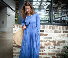 Blue Linen Midi Dress - High Waist, Long Sleeve, Pockets C1378