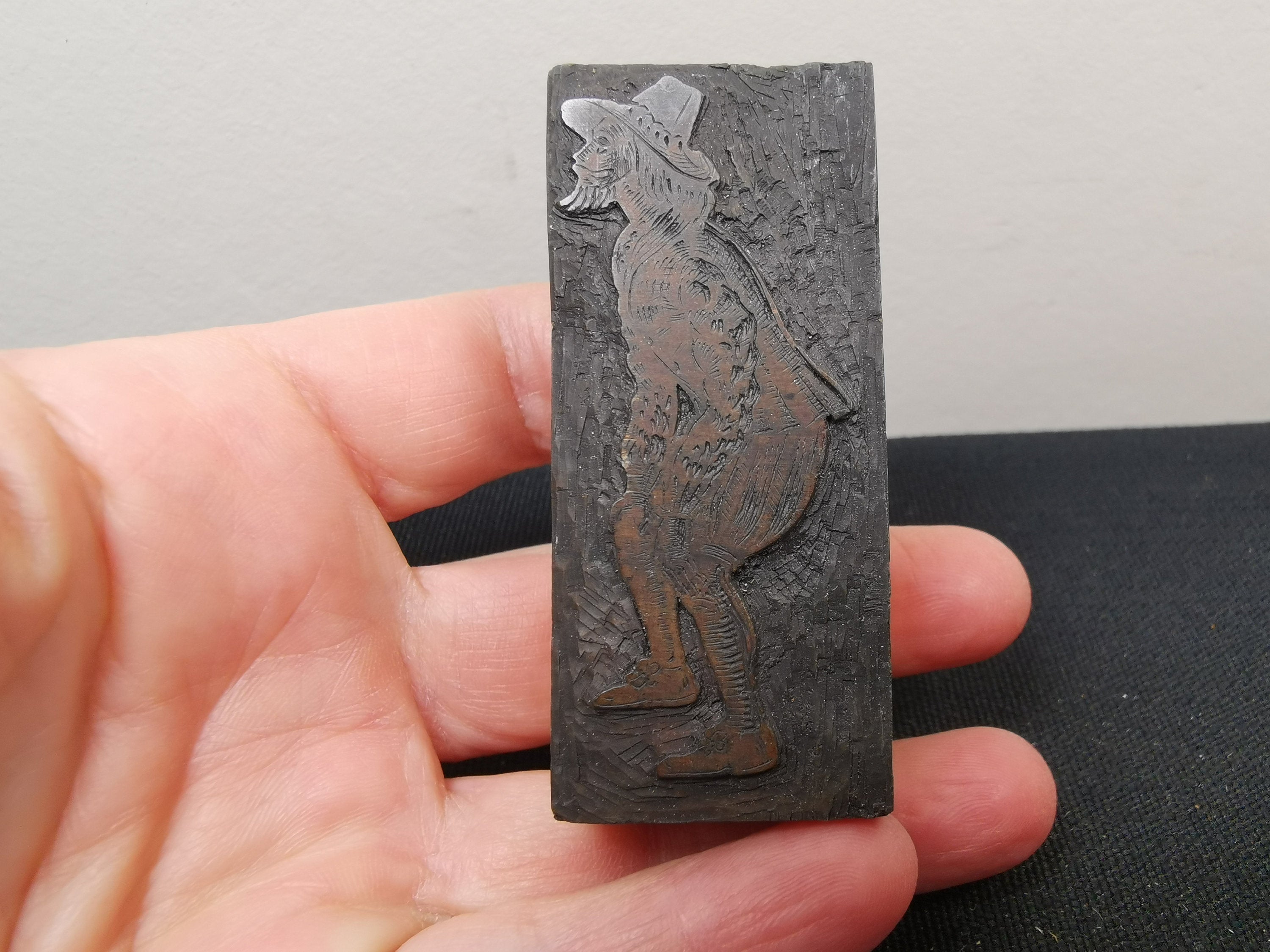 Antique Letterpress Printers Block Stamp Pilgrim Man Portrait Image Wood and Metal Type Printing Plate