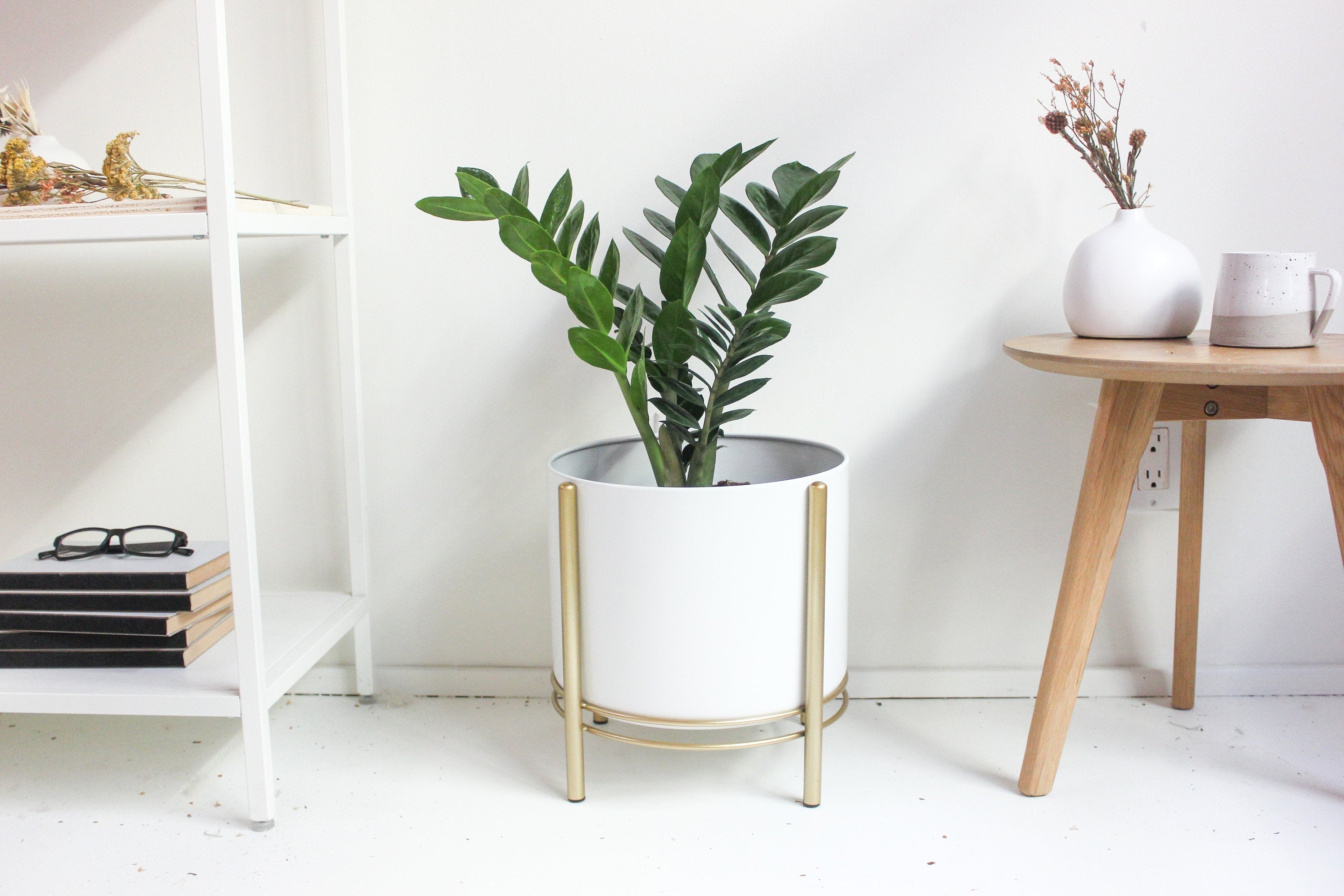 White Standing Planter Pot with Modern Gold Plant Stand