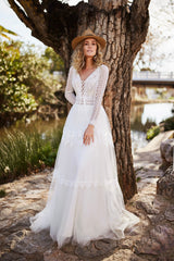 Boho Aline Long Lace Sleeves V Neckline Wedding Dress Bridal Gown Open V Back Boho Country Style Corset Front Tulle Skirt