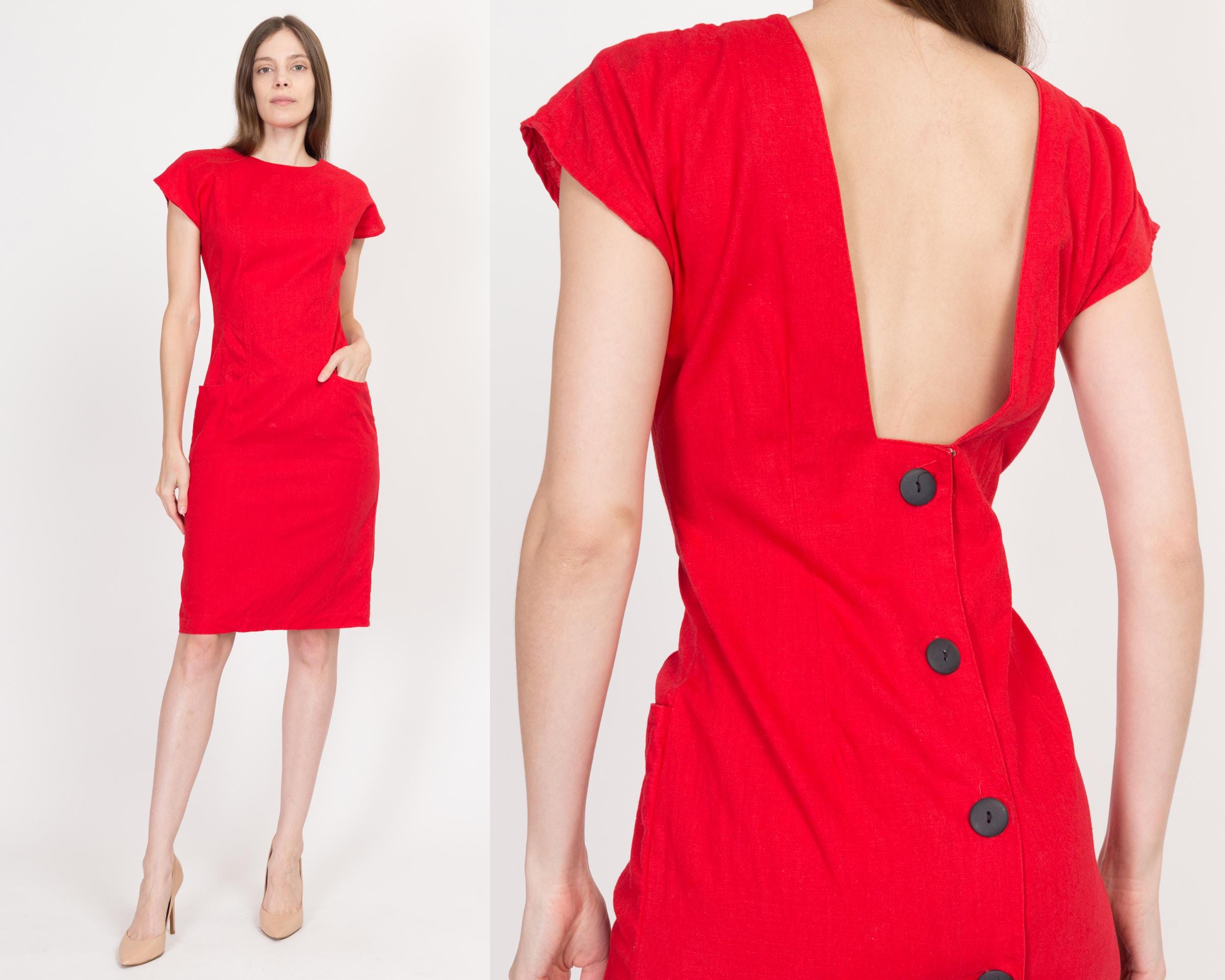 Medium 80s Red Linen Low Back Mini Dress | Vintage Button Back Cap Sleeve Shift Cocktail Dress