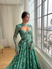 Green A-Line dress with long sleeves, sequins and embroidery