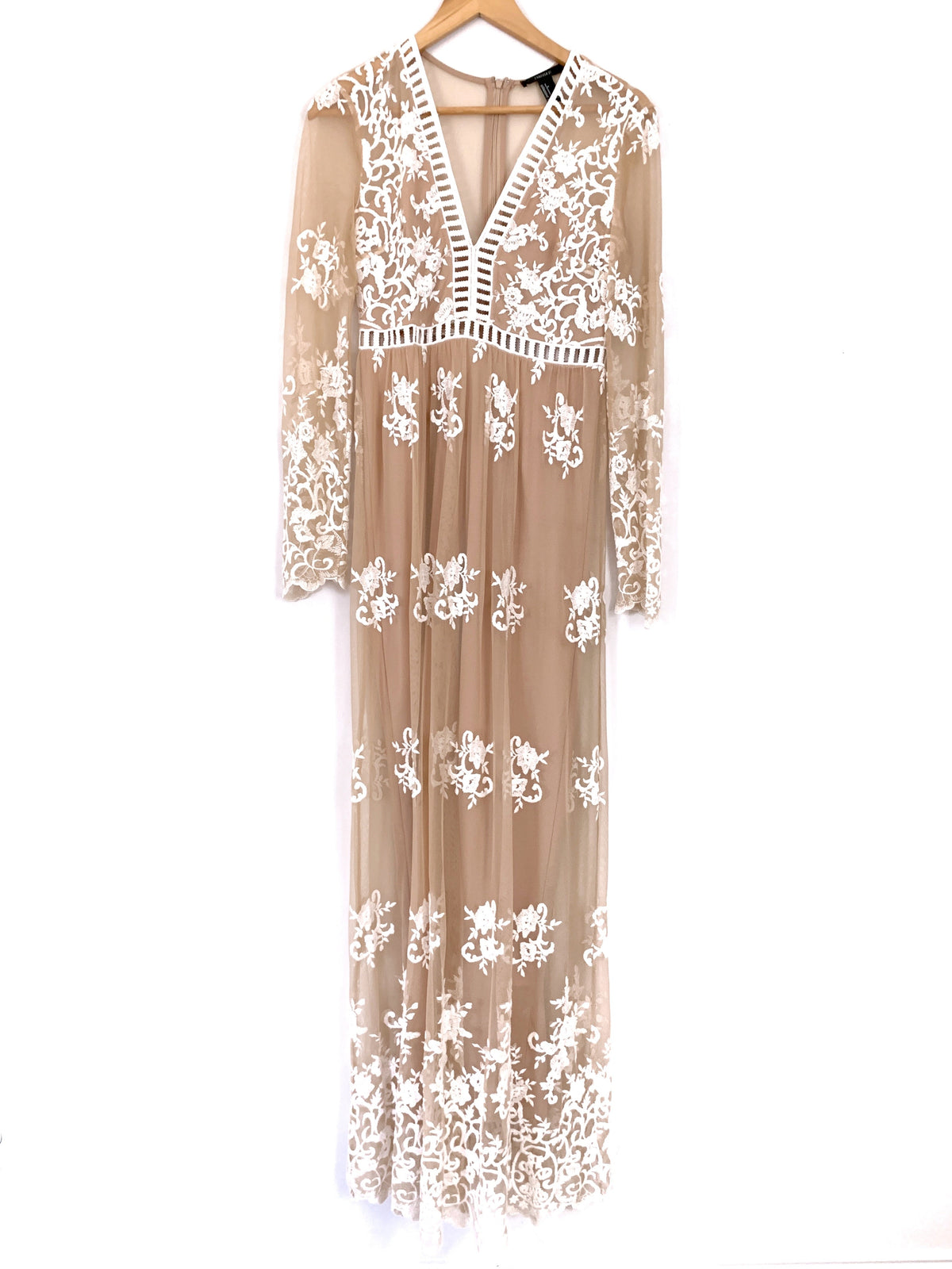 Forever 21 Nude Maxi Dress with White Embroidered Lace- Size S