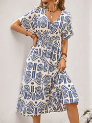 Simple casual A-line ethnic style printed dress-TOPS / DRESSES-[Adult]-[Female]-Blue-S-2022 Online Blue Zone Planet