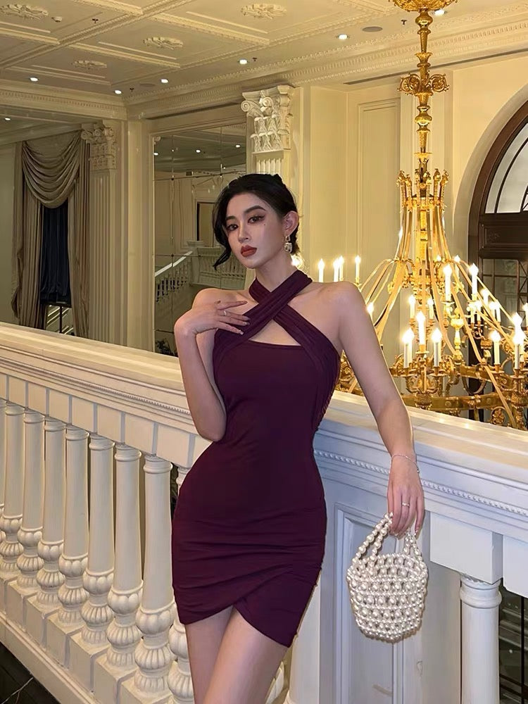Hot girl purple halter dress female summer chic backless sexy high-end temperament straps waist bag hip skirt3258