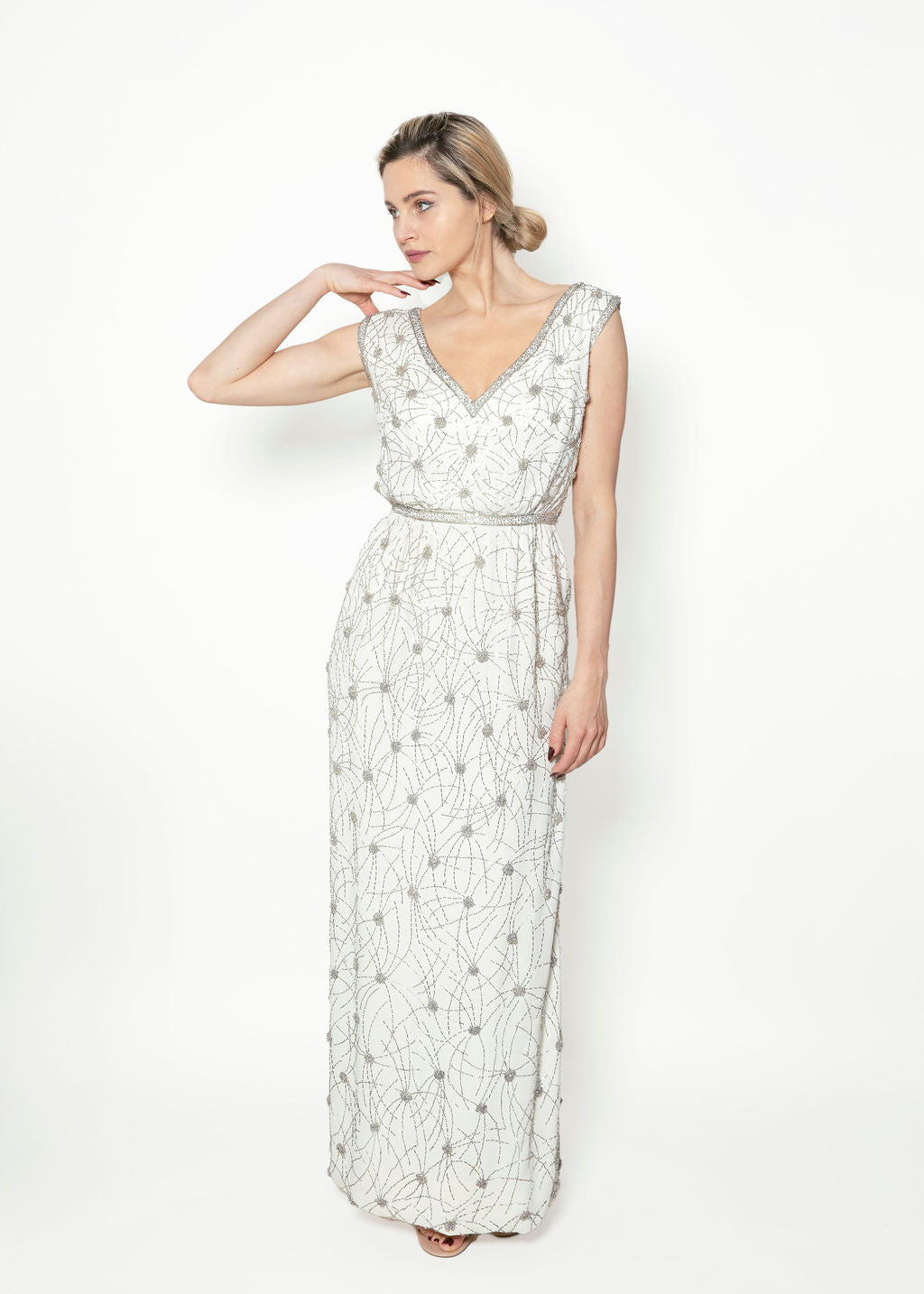 1960's White Beaded V Neck Gown - The Kit Vintage