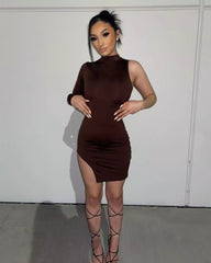 Sacramento Asymmetric Bodycon Dress - Chocolate
