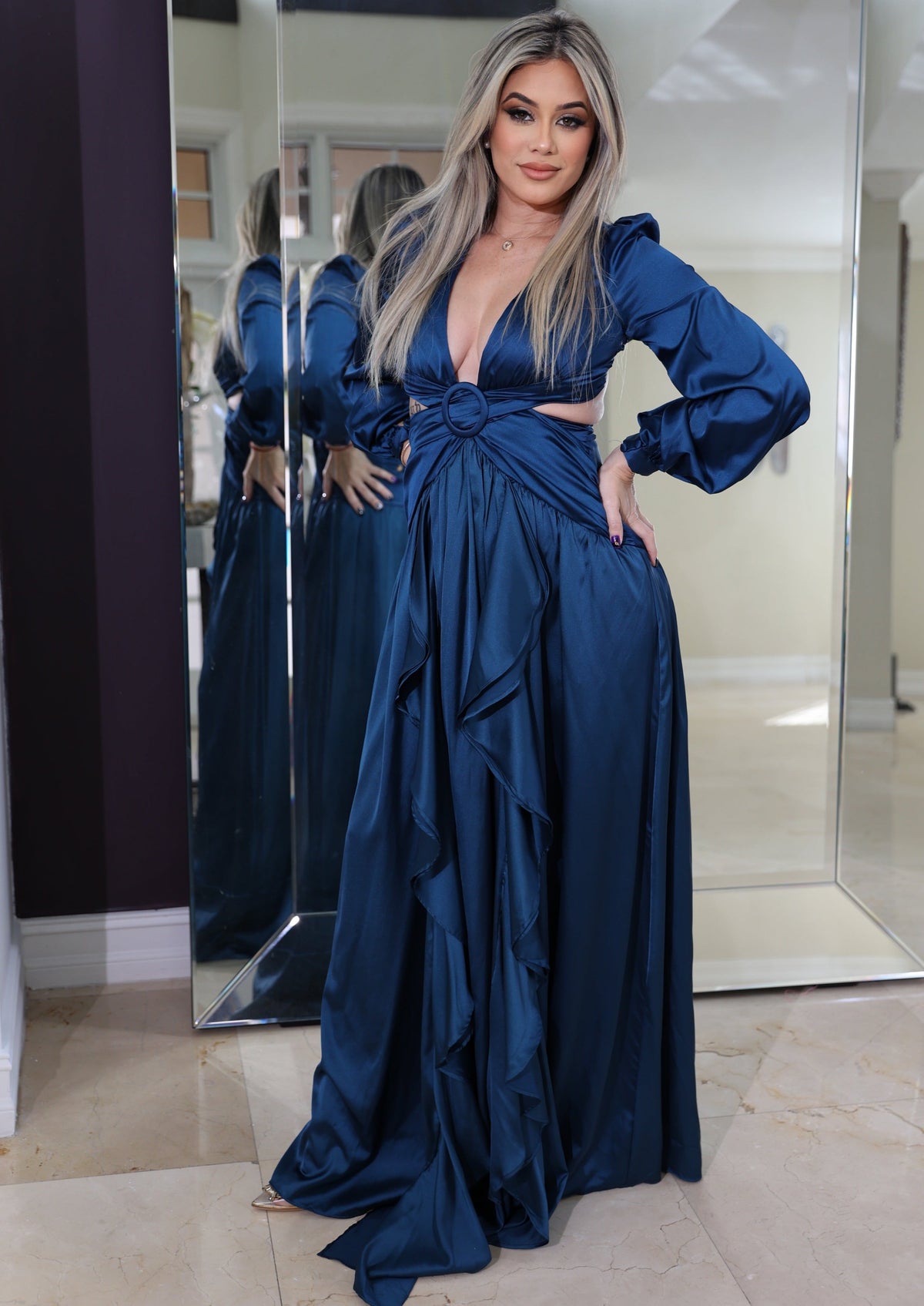 Blue Sapphire Satin Maxi Dress with Cut-Outs and Long Sleeves.