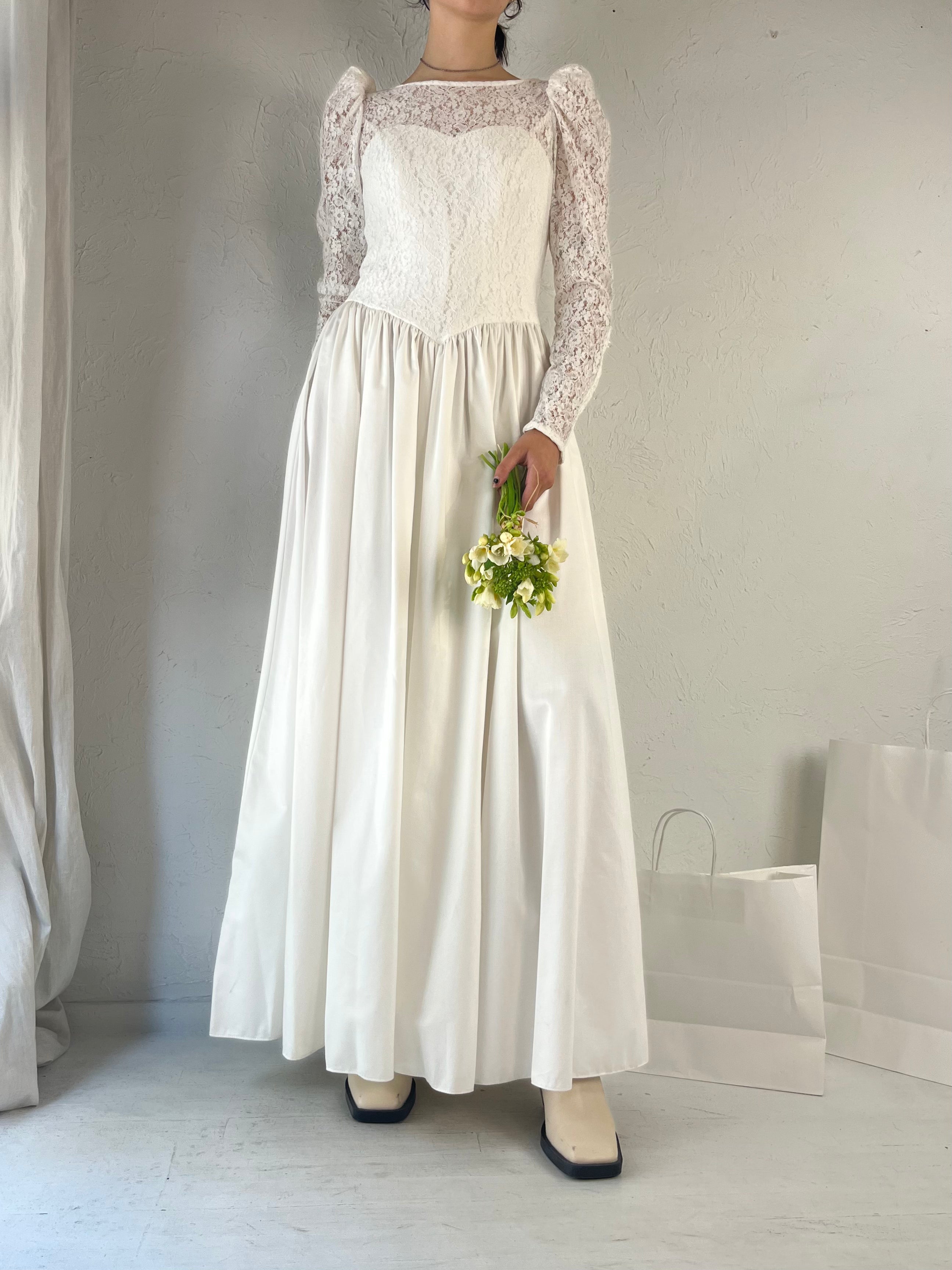 90s 'Laura Ashley' White Cotton Wedding Dress / Medium