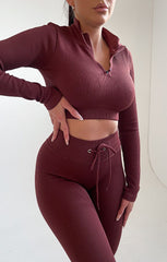 Chocolate Ribbed Long Sleeve Quarter Zip Top And Drawstring Leggings Set - Rosetta