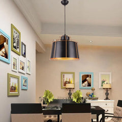 Industrial Metal Drum Shade Ceiling Fixture - 1 Light Black Suspension Lamp For Dining Tables