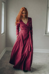 A-Line linen wrap dress maxi length with V-neck and tie waist in heavyweight fabric