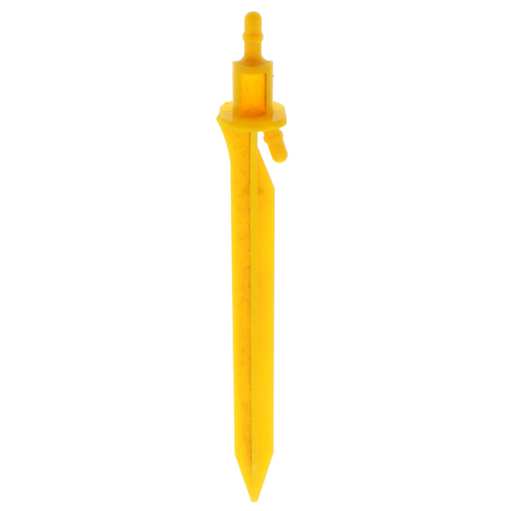 Yellow plastic micro irrigation kit stake with barbed connector and pointed end for secure soil insertion.