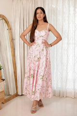 Ishita style pink floral strappy maxi dress outfit idea for summer daytime events in India.