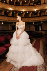 Ivory A - Line Wedding Dress with Pleated Skirt – Layered Tulle Ruffle Dress with Lace Corset Plus Size – RAFFAELLA - WonderlandByLilian
