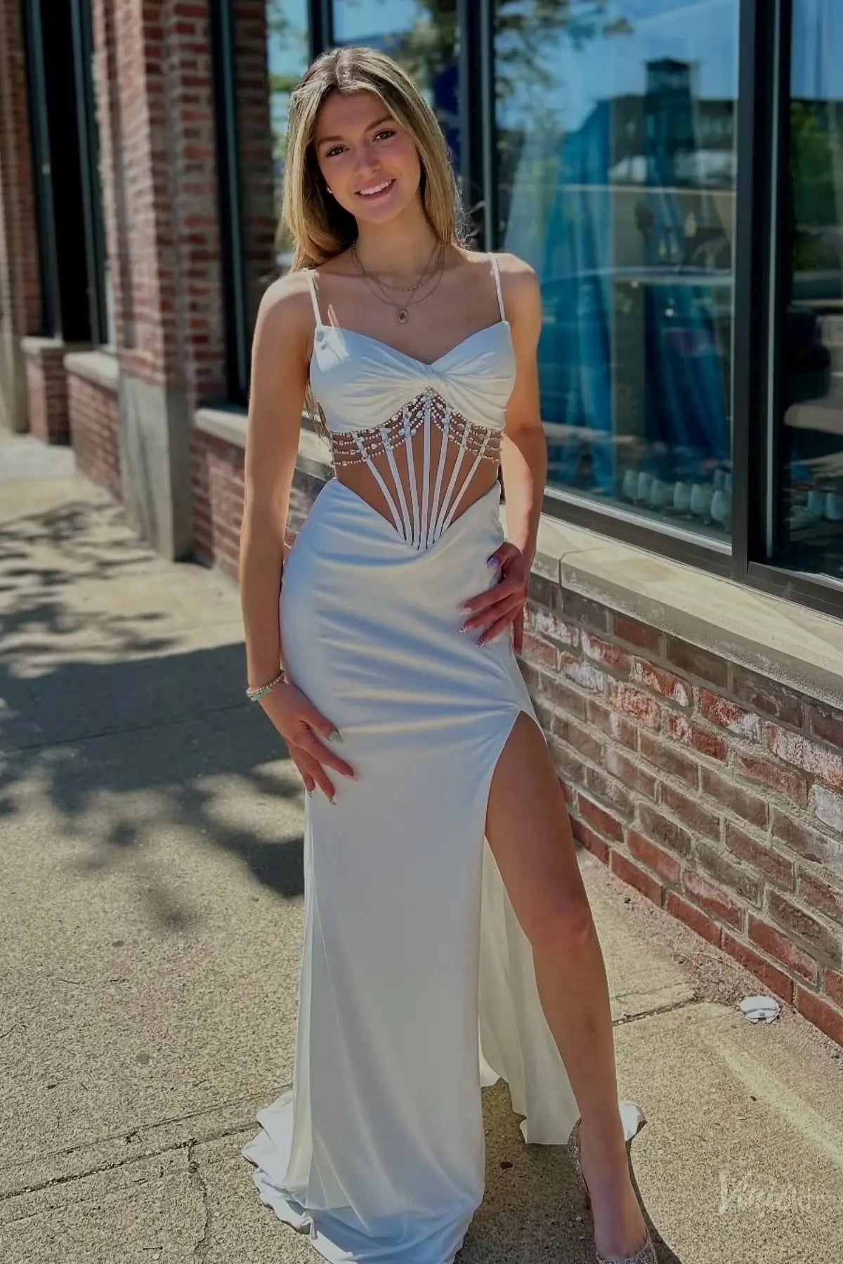 Ivory Satin Cutout Prom Dress with Rhinestone Draped Corset & High Slit – SS361-Prom Dresses 2026-Viniodress-Ivory-Custom Size-