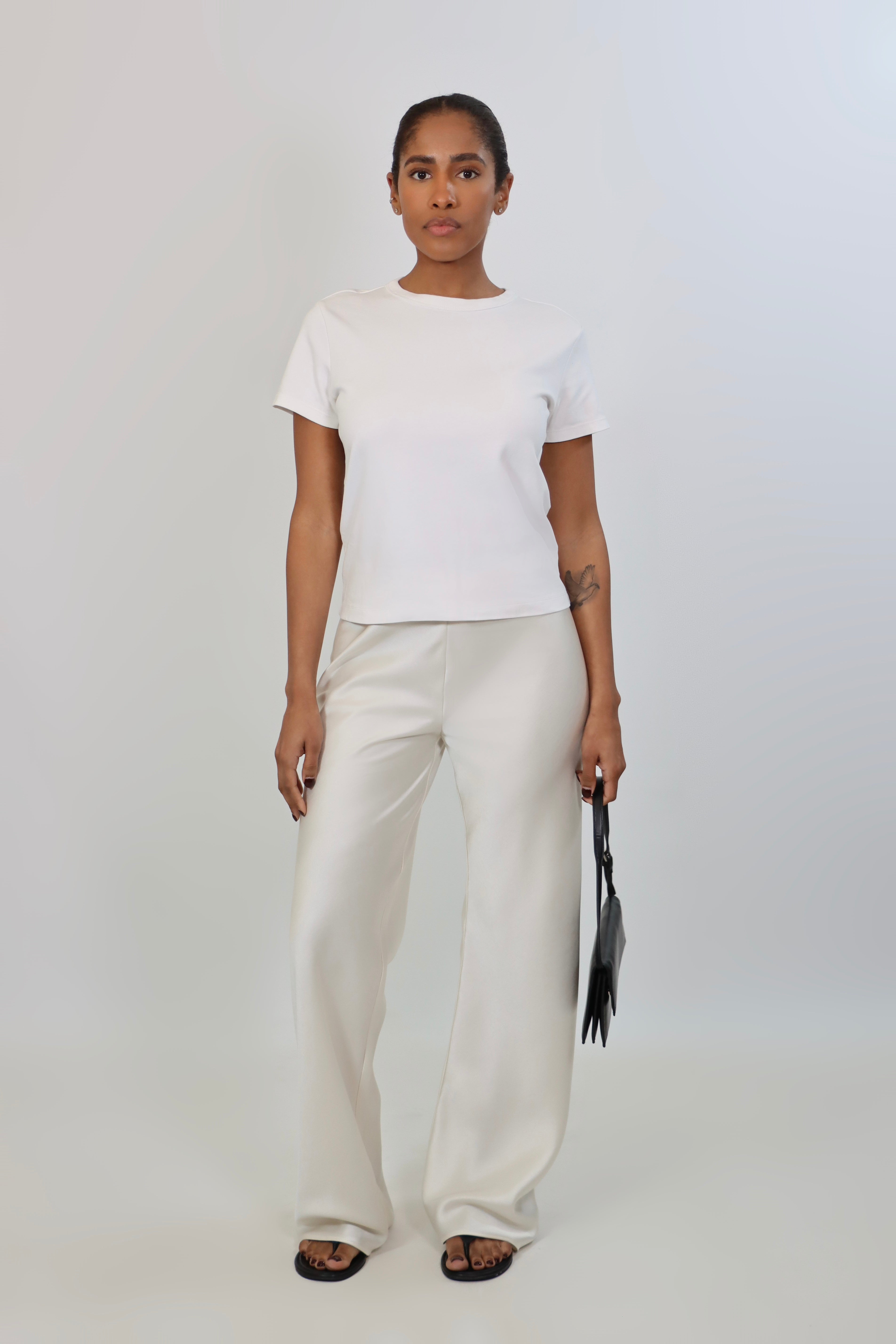 white satin pants with flowy drape and wide leg – April Seven