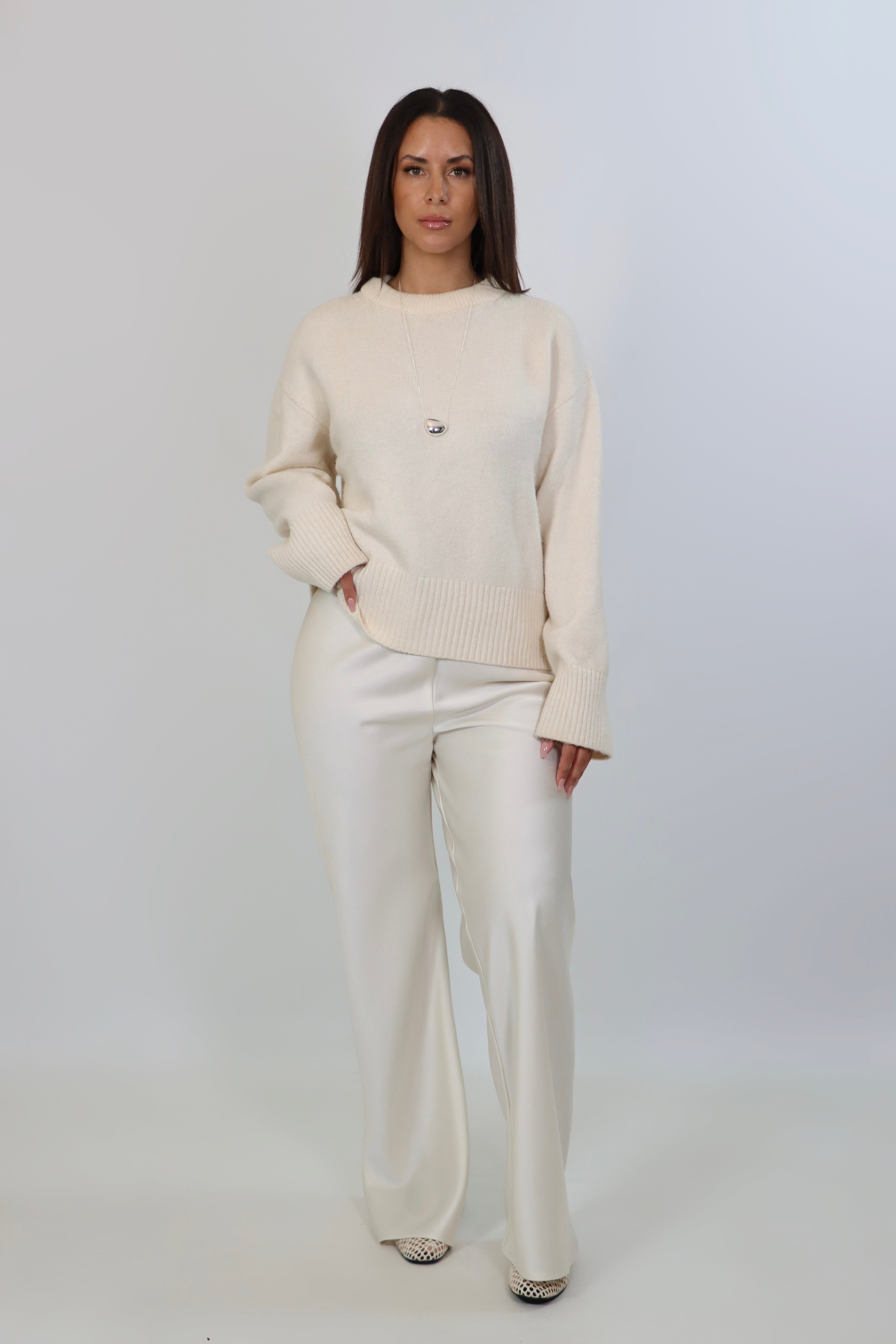 white satin pants with flowy drape and wide leg – plus size - April Seven