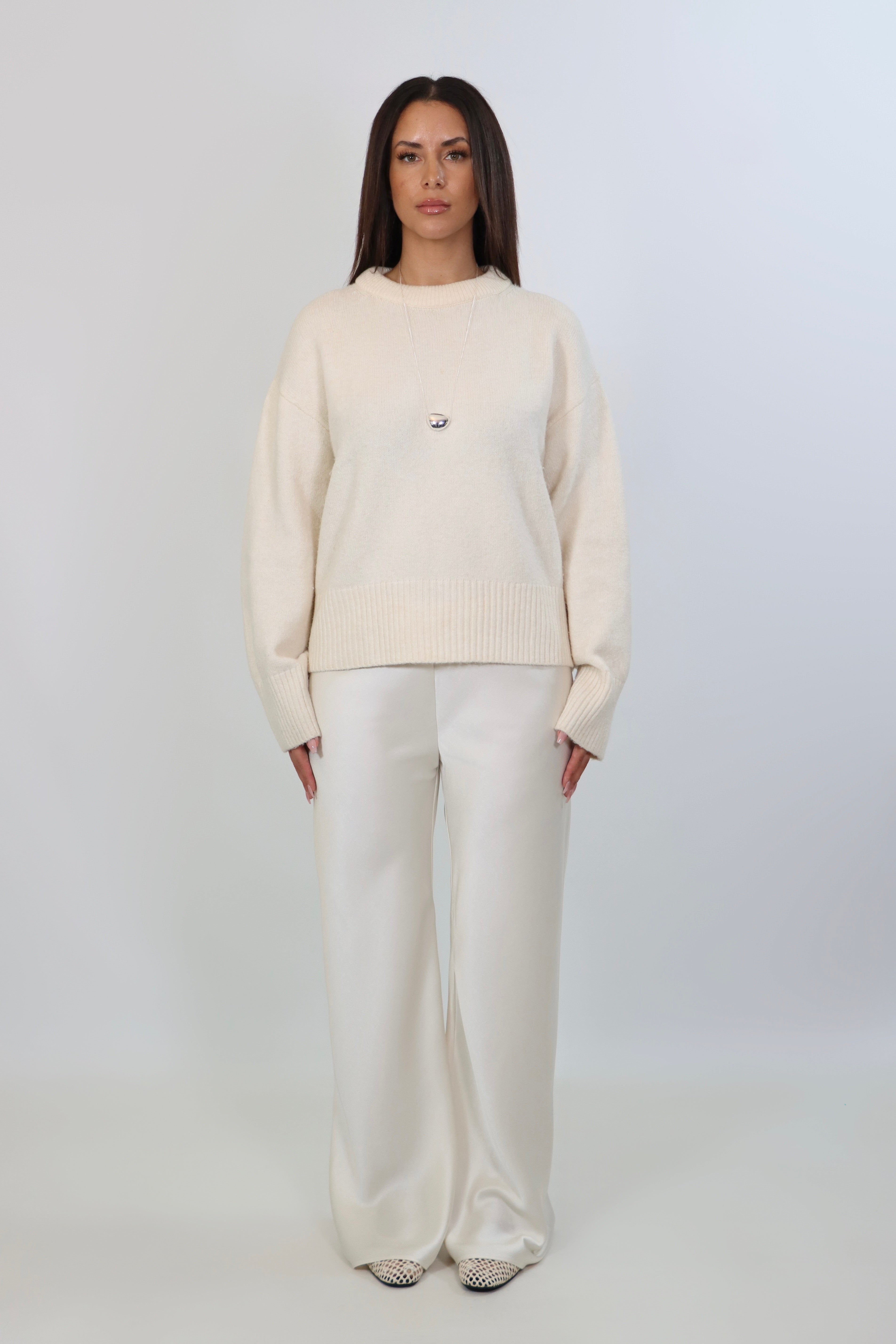 white satin pants with flowy drape and wide leg – plus size - April Seven