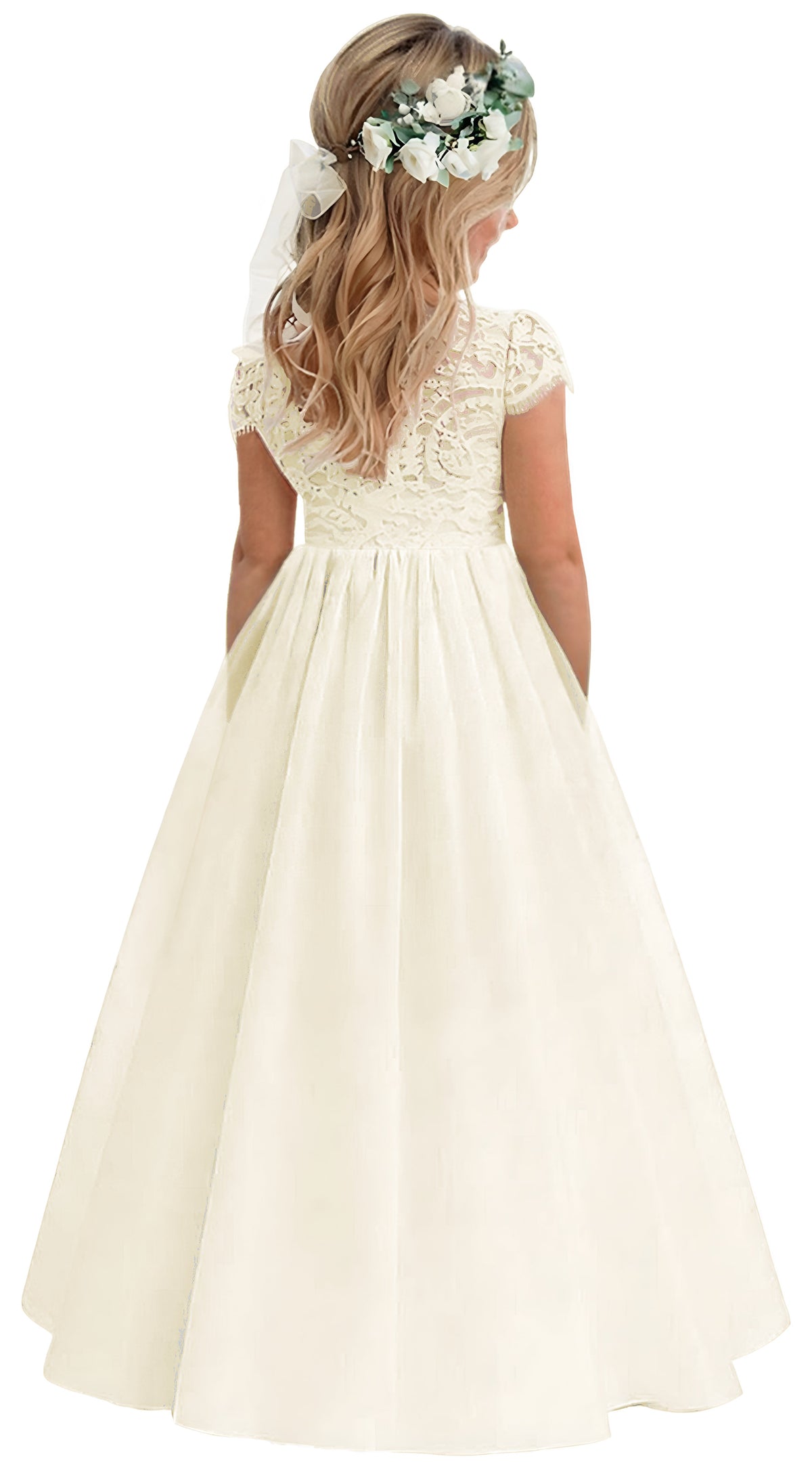 Girls' Paisley Lace Tulle Short Sleeve Maxi Dress in Ivory