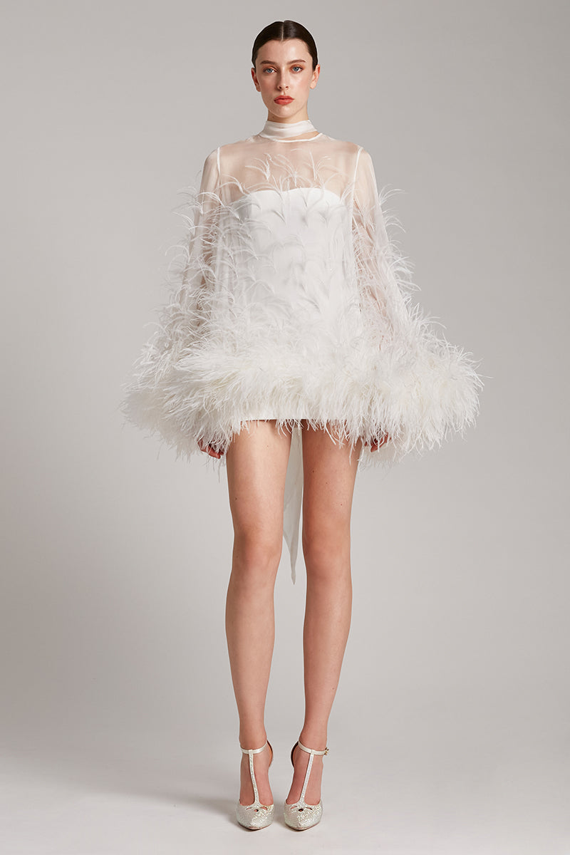 Ostrich Feather Embellished Mini Dress with Bell Sleeves in White