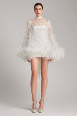 Ostrich Feather Embellished Mini Dress with Bell Sleeves in White