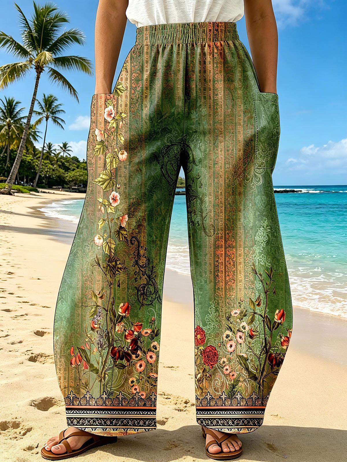 Vintage Floral Paisley Print Casual Pants