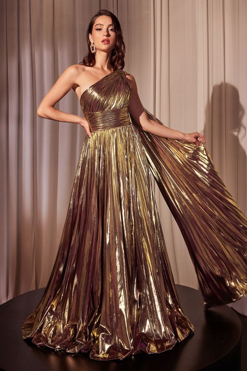 Metallic Gold Pleated One-Shoulder Evening Gown – Shimmering Formal Dress with Draped Cape