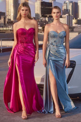 Satin Strapless Corset Gown with Beaded Bodice & High Slit – Available in Fuchsia & Ice Blue CDJ884
