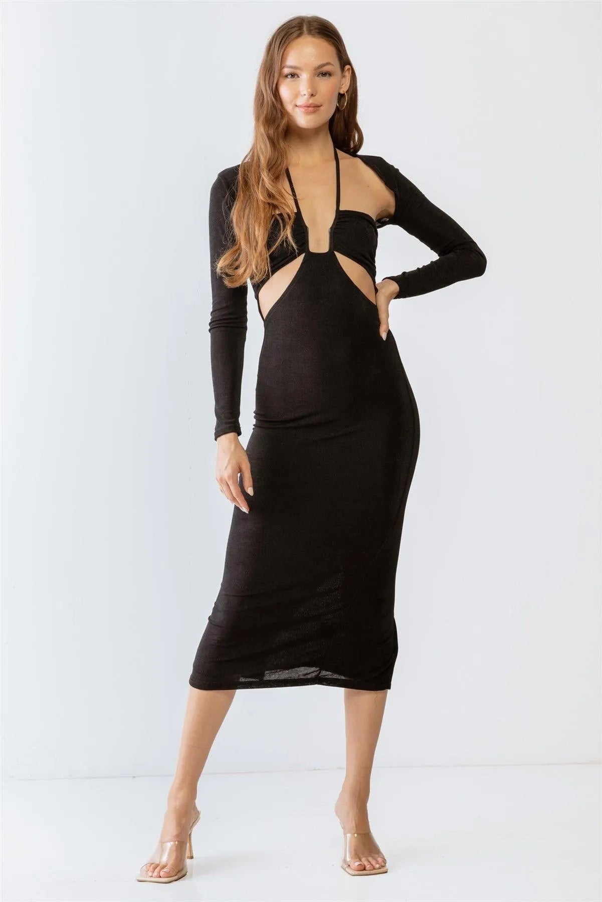 Black Cut-Out Sleeveless Midi Dress & Open Front Long Sleeve Cover-Up Set /3-2-1 - Tasha Apparel Wholesale