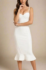 Woman wearing a figure flattering  Joy Bandage Midi Dress - Pearl White Bodycon Collection
