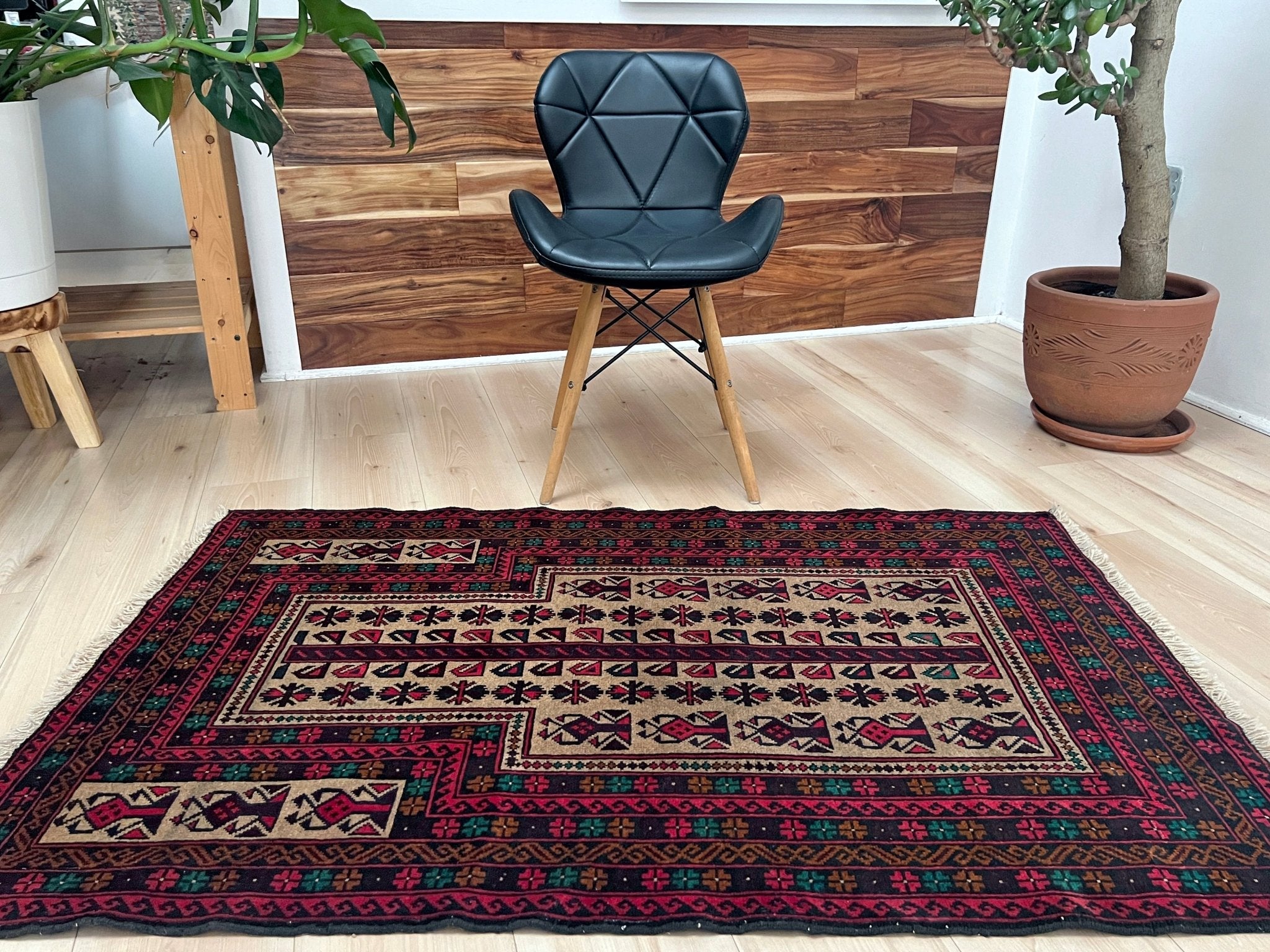 Baluch Turkmen Prayer Rug - Handmade Wool Carpet in a 3x5 size, featuring traditional tribal geometric patterns with rich red, black, beige, green, and teal colors. Ideal for living room, bedroom, kitchen, entryway, or nursery decor. Available at a handmade rug shop in the San Francisco Bay Area.