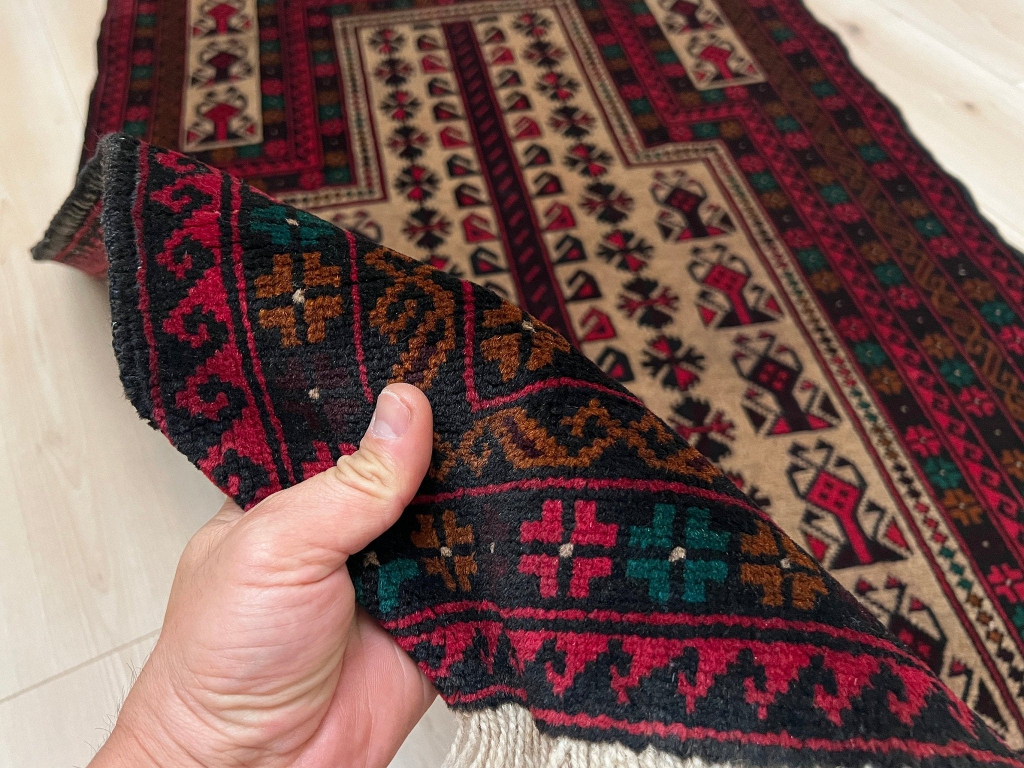  Baluch Turkmen Prayer Rug - Handmade Wool Carpet in a 3x5 size, featuring traditional tribal geometric patterns with rich red, black, beige, green, and teal colors. Ideal for living room, bedroom, kitchen, entryway, or nursery decor. Available at a handmade rug shop in the San Francisco Bay Area.