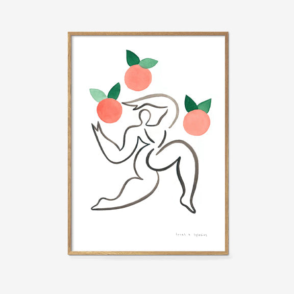 Junglør med Appelsiner Print - By Finders Keepers i minimalistisk kunst med figurativ linjetegning og appelsiner