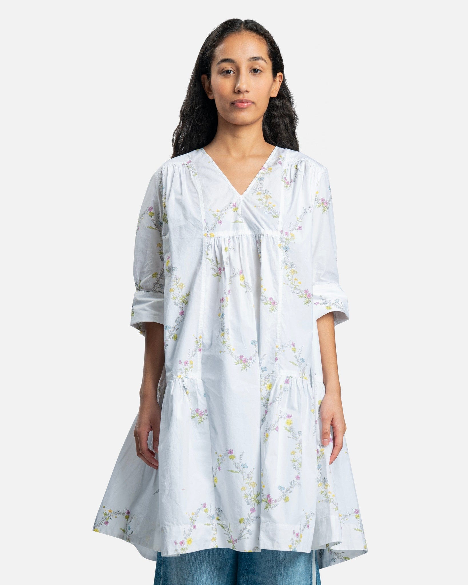 Ganni Women Dresses Knee-Length Cotton Poplin Dress in Floral Bright White