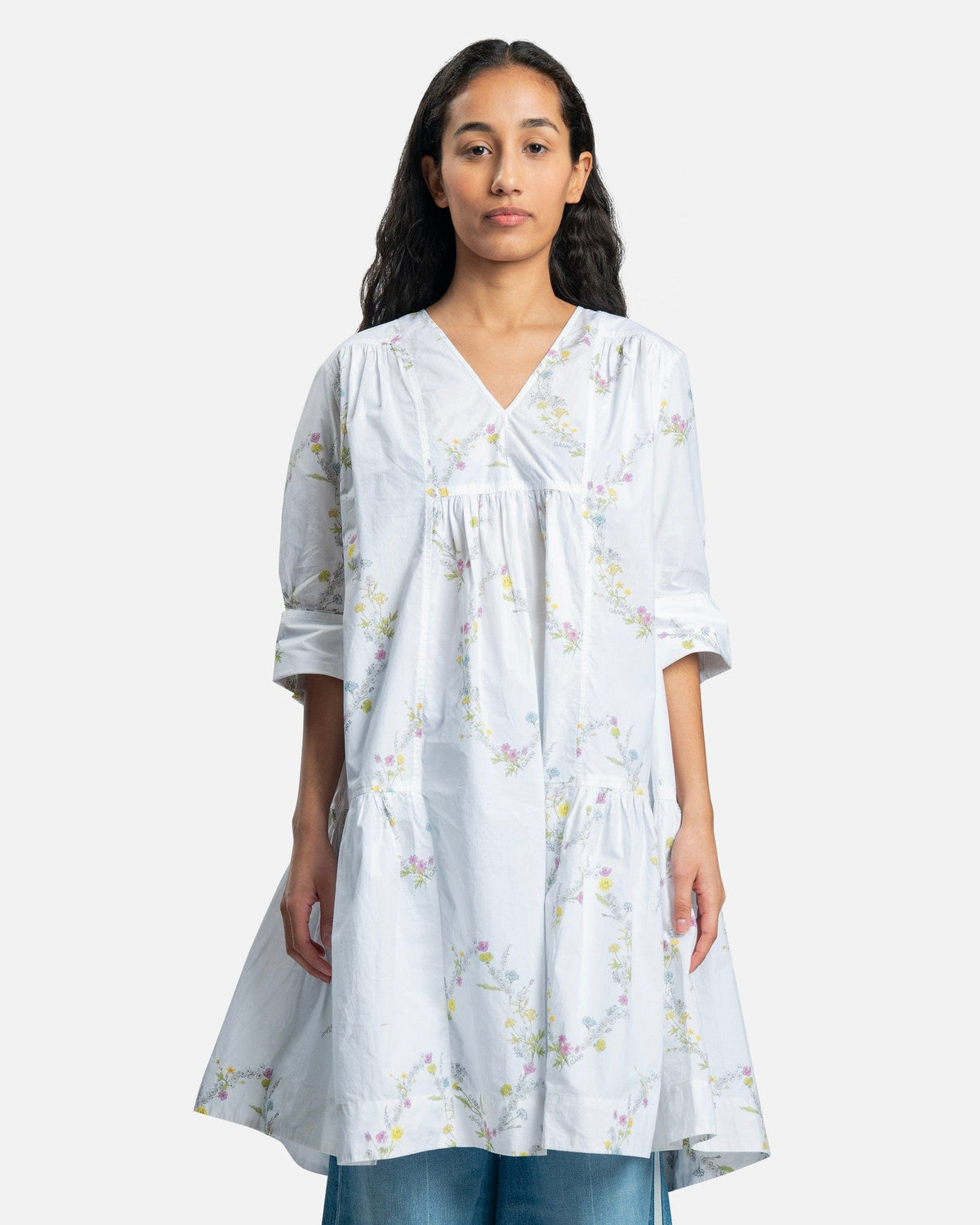Ganni Women Dresses Knee-Length Cotton Poplin Dress in Floral Bright White