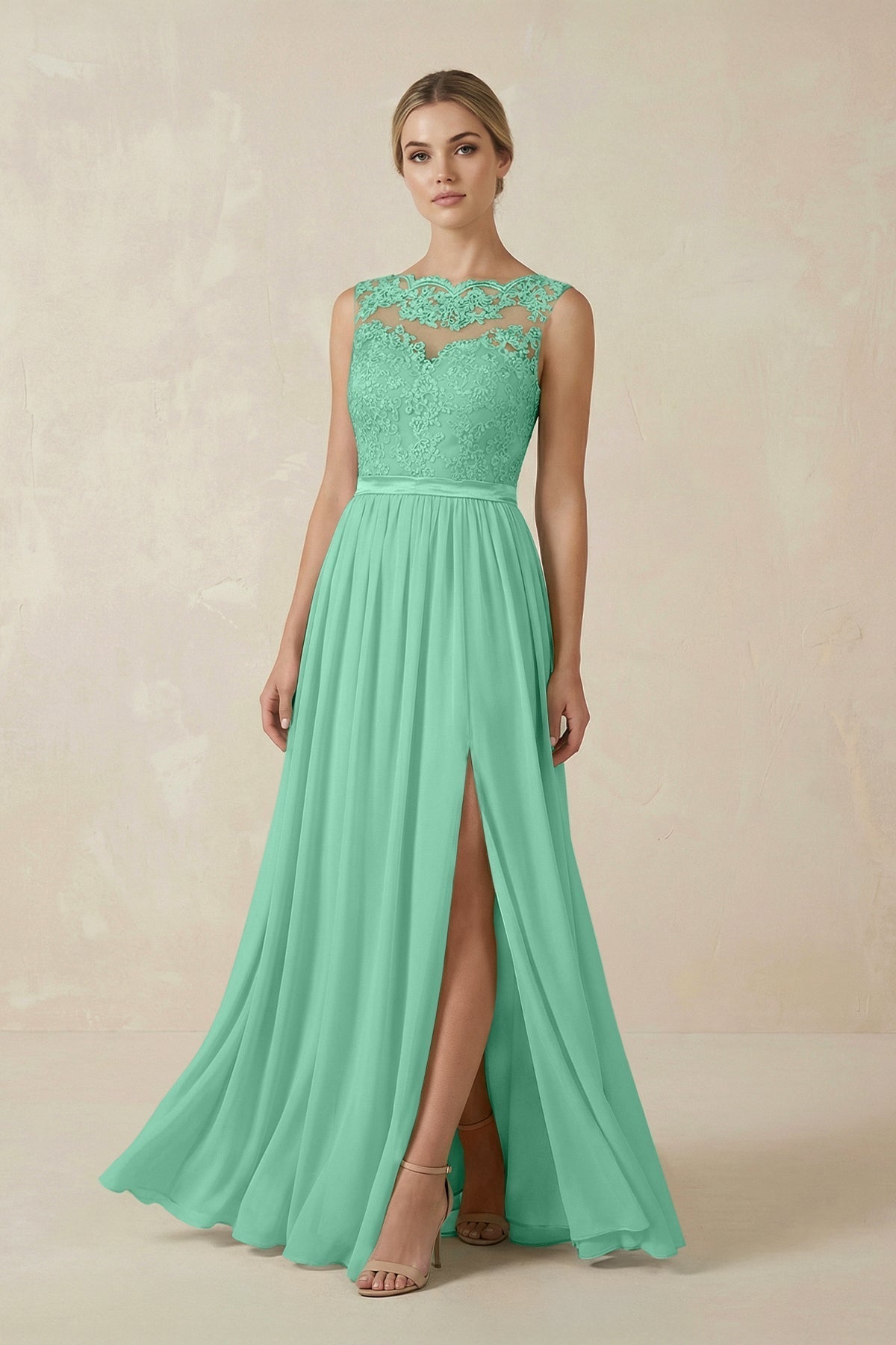 Lace A - Line Bateau Neck Chiffon Long Bridesmaid Dress in Turquoise - KissProm Bridesmaid Dresses