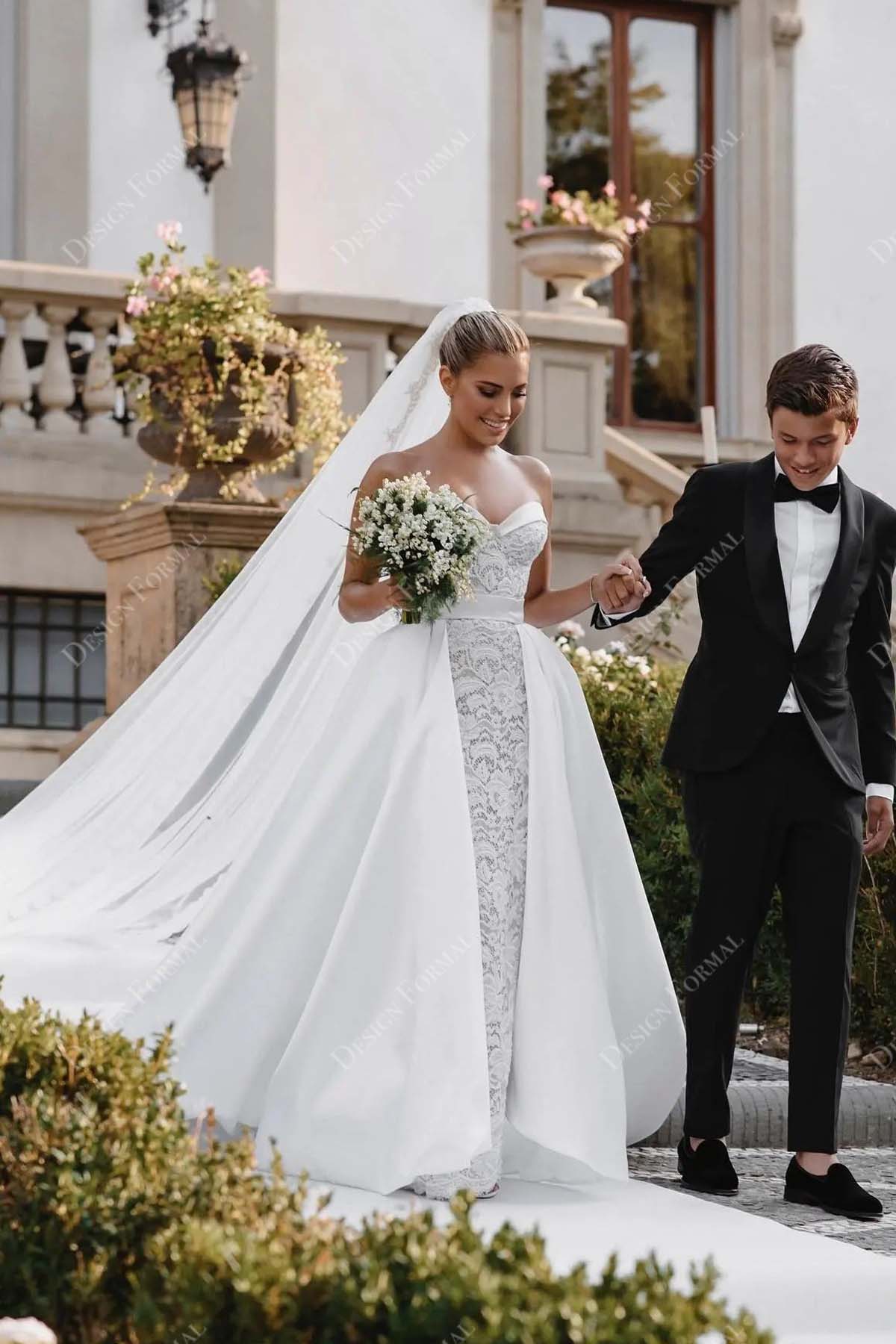 lace strapless sweetheart neck wedding dress with long satin overskirt