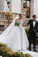 lace strapless sweetheart neck wedding dress with long satin overskirt
