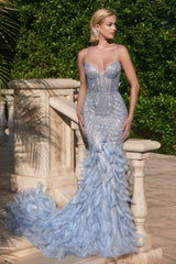 LaDivine CC2308 Enchanting Mermaid Prom Dress - A captivating mermaid silhouette dress with thin straps, v-neckline, glitter and bead embellishments on the sheer boned bodice, a tiered feathered skirt, and an open lace-up corset back.  The Model is wearing Light Blue.
