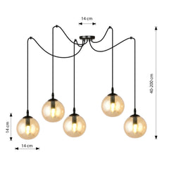 Lampa wisząca GIGI 5 BL MIODOWY pająk klosz bursztyn czarna - LAITICA