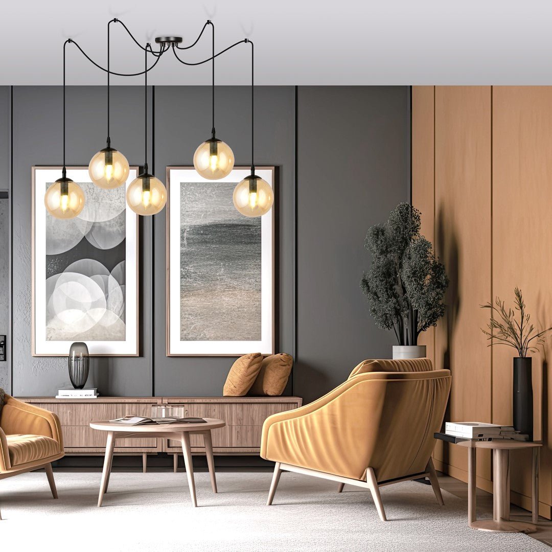 Lampa wisząca GIGI 5 BL MIODOWY pająk klosz bursztyn czarna - LAITICA